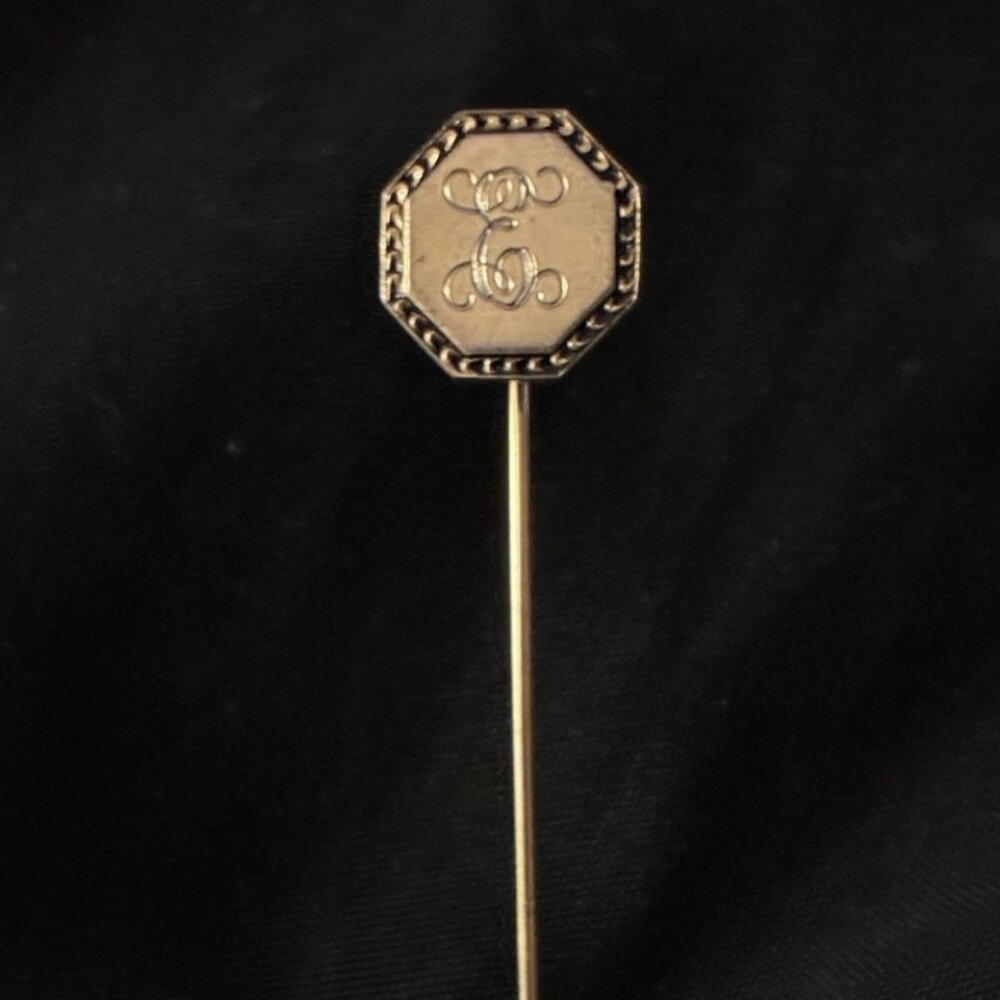 Vintage Gold Tone Monogram "E" Stick Pin - Octagon Etched Initial Lapel Hat Pin